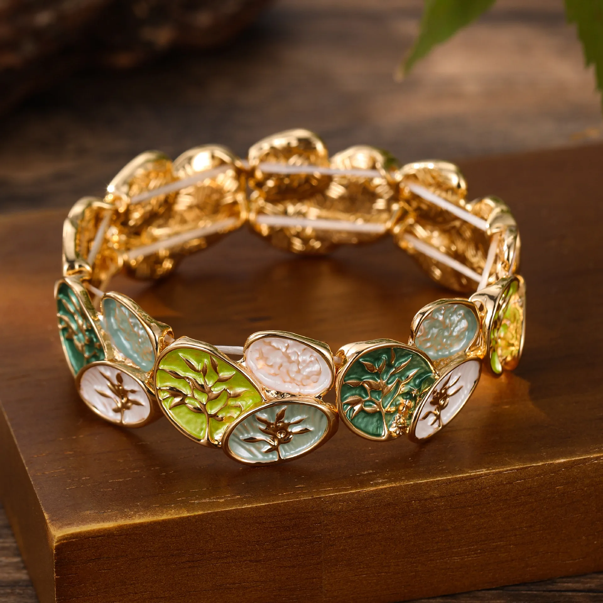 DIY accessories enamel color leaf tree of life elastic bracelet women's simple and versatile fortune tree zinc alloy bracelet