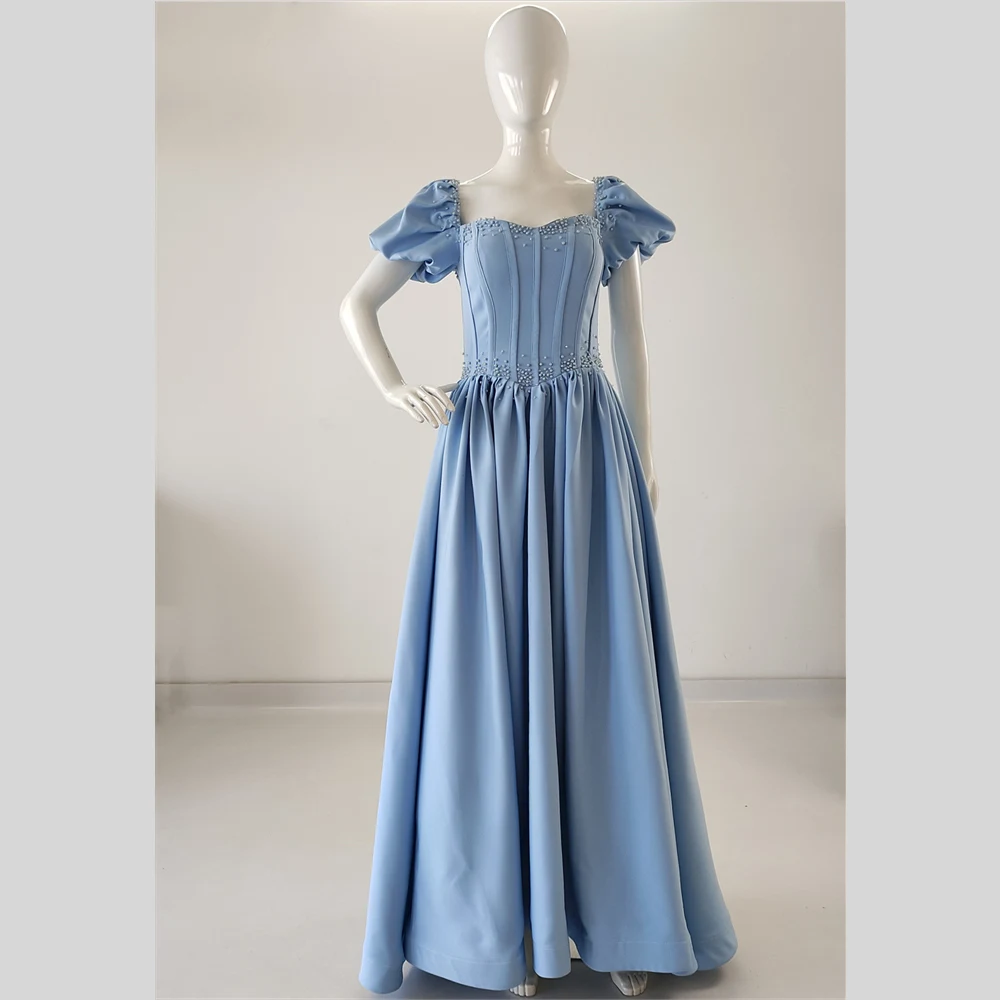 

It's Yiiya Evening Dresses Sky Blue Beads Square Collar Short Sleeves Floor-Length Pleat A-Line Lace Up Party Formal Gowns Woman