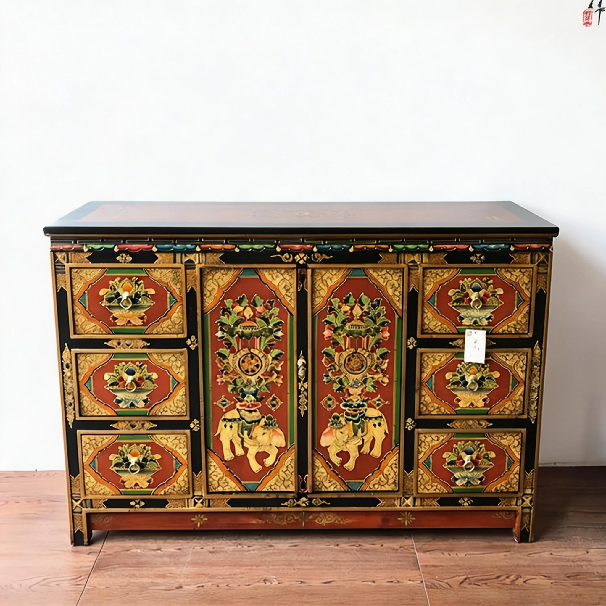 #a Handcrafted Tibetan Antique TV Stand-Eco-Friendly Stable Solid Wood Distressed Hand-Painted Living Room Storage Cabinet