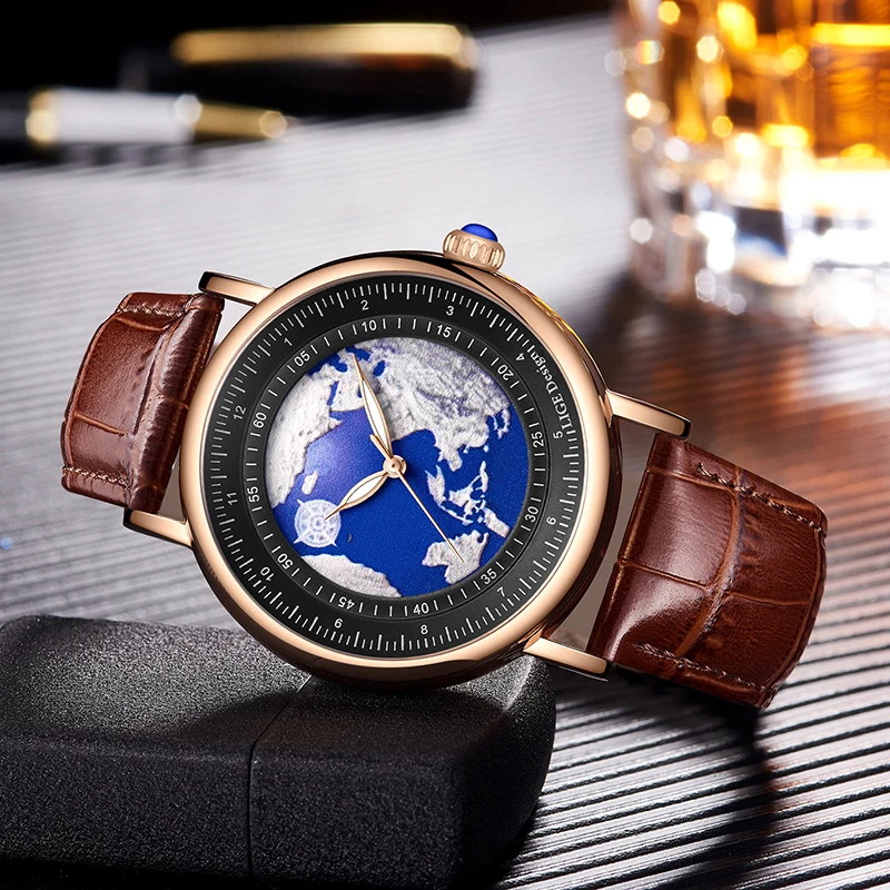LIGE Outdoor Creative Man Watch Retro Unique Blue Ocean Design Leather Strap Clocks Casual Sport Waterproof Quartz Men's Watches
