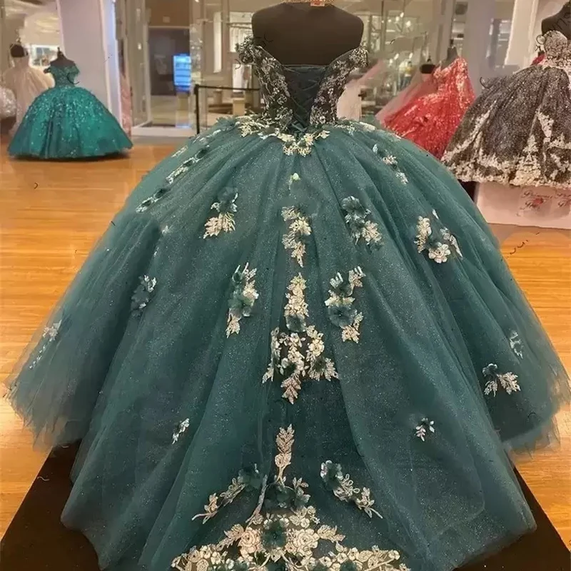 Темно-зеленые платья для Quinceanera 2022 с открытыми плечами, бальное платье принцессы для конкурса, с цветами, бусинами, милый корсет до пола на спине 16