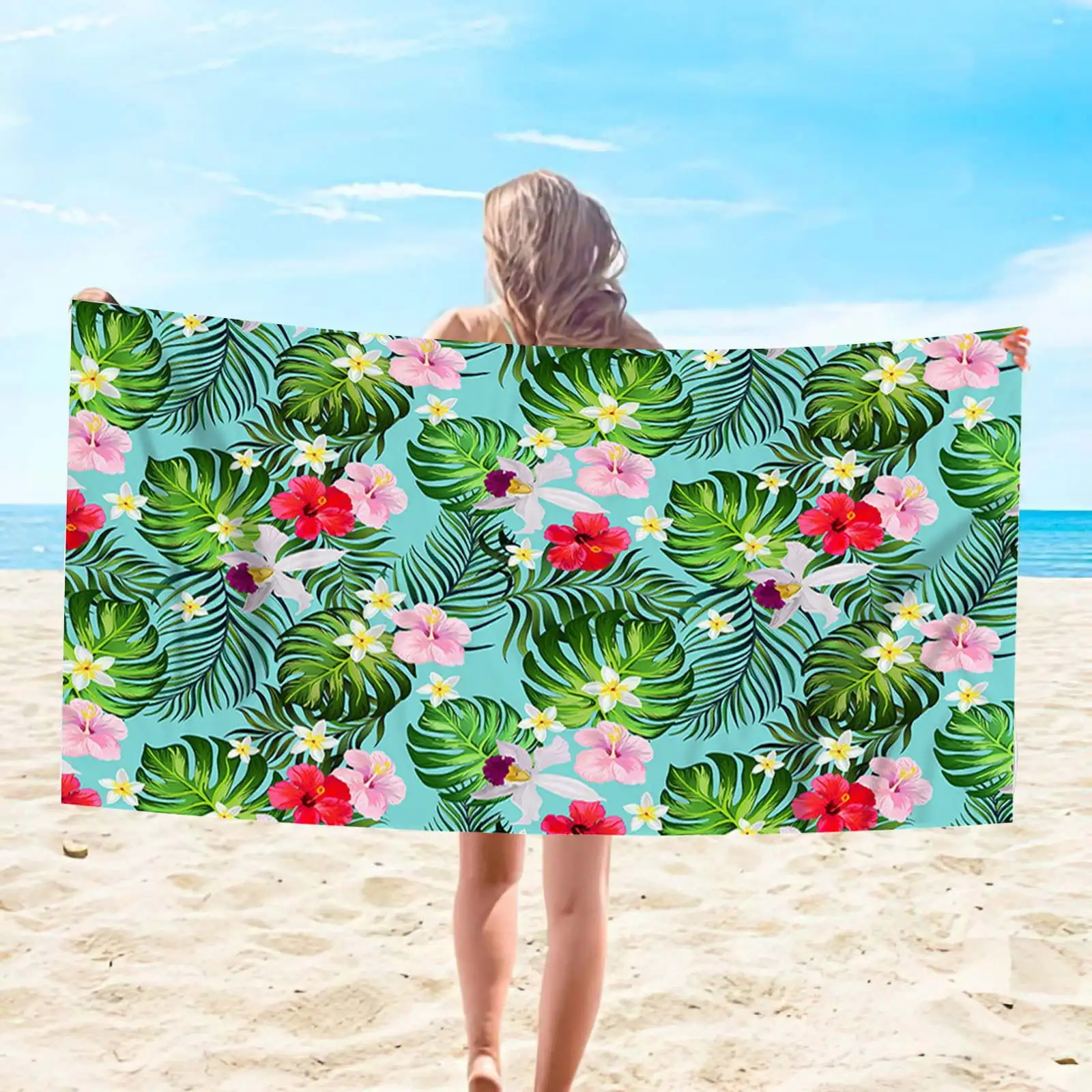 Tropical Floral Hibiscus Beach Towel, Super Lightweight Colorful Bath Towel, Sandproof Quick Dry Beach Blanket