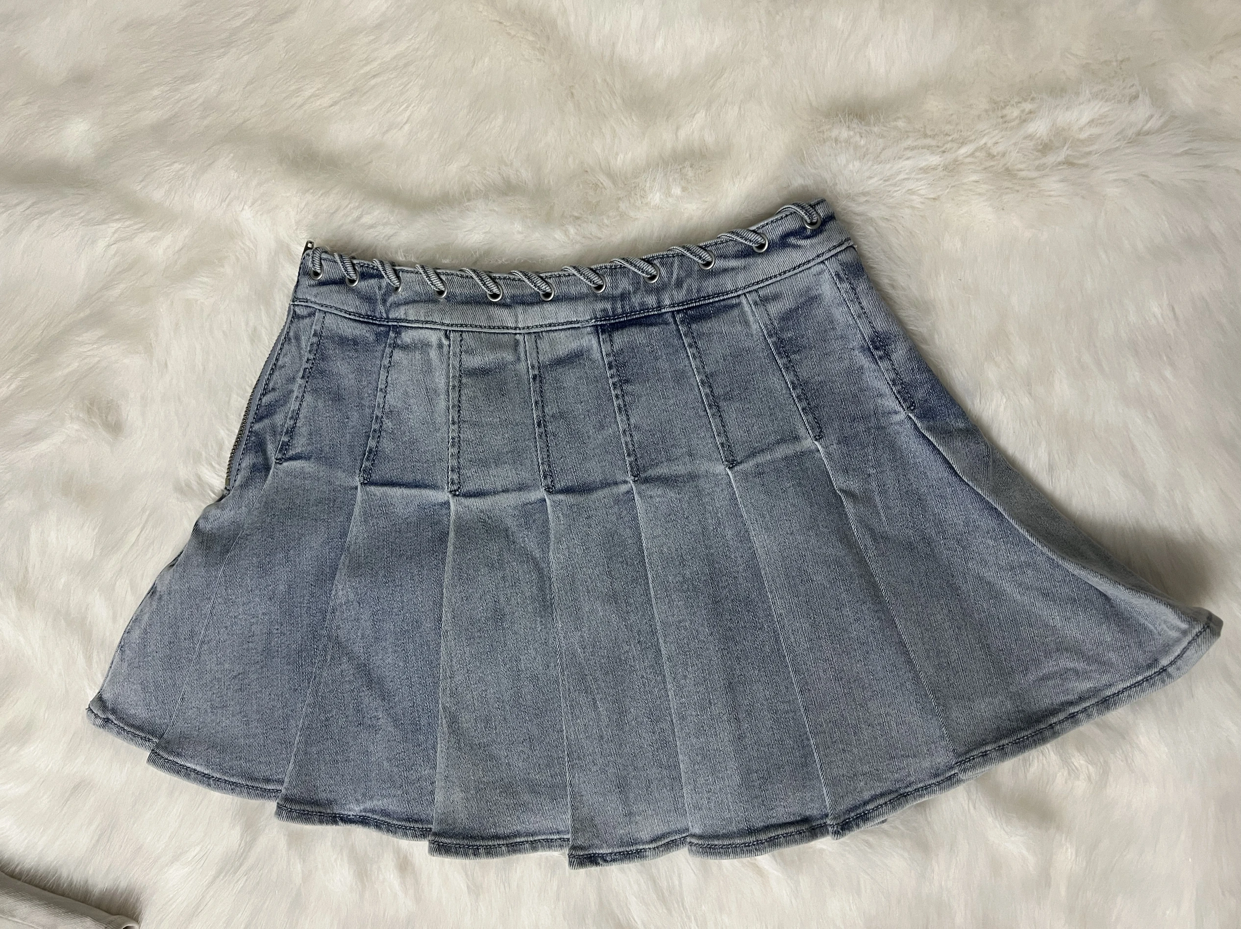 

American Retro Blue High Waist ort Denim Skirt Small Size Boot Skirt Pleated Skirt Commute Sle Pure Color Cotton 00%
