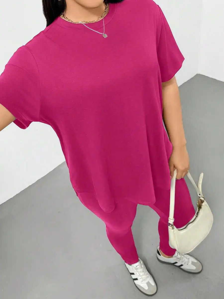 

Plus Size Womens Casual Short Sleeve T-Shirt And Leggings Two Piece Set Pink