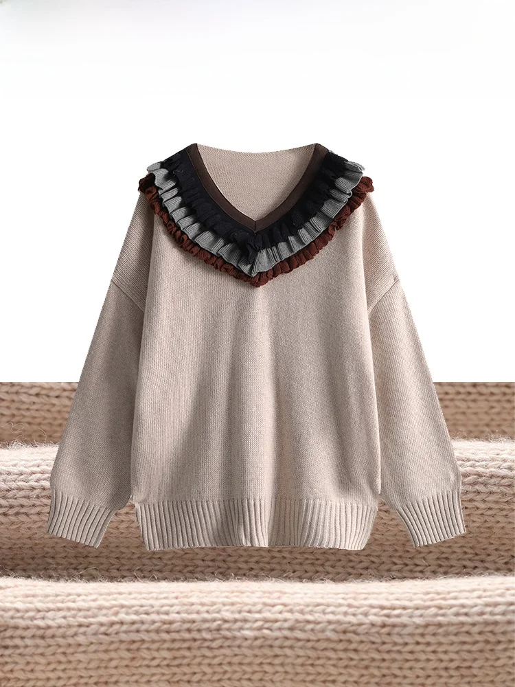 

Loose Women's V-ne Sweater Korean Sle Color Blo Wood ain Autumn Winter Faionable Knitted Top Trendy Streetwear