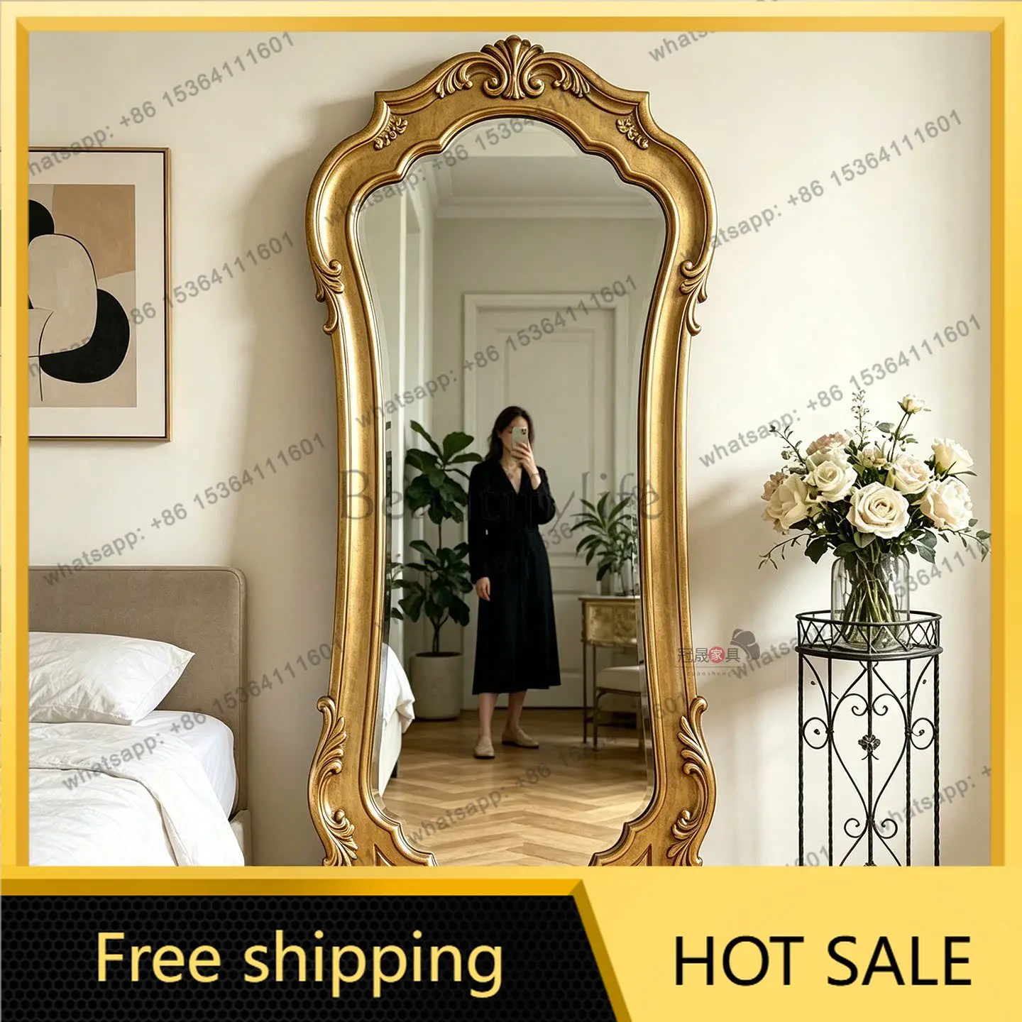 LS European Style Luxury Full-Length Mirror, American Home Vintage Bedroom Cloakroom, Classic Carved Fitting Mirror