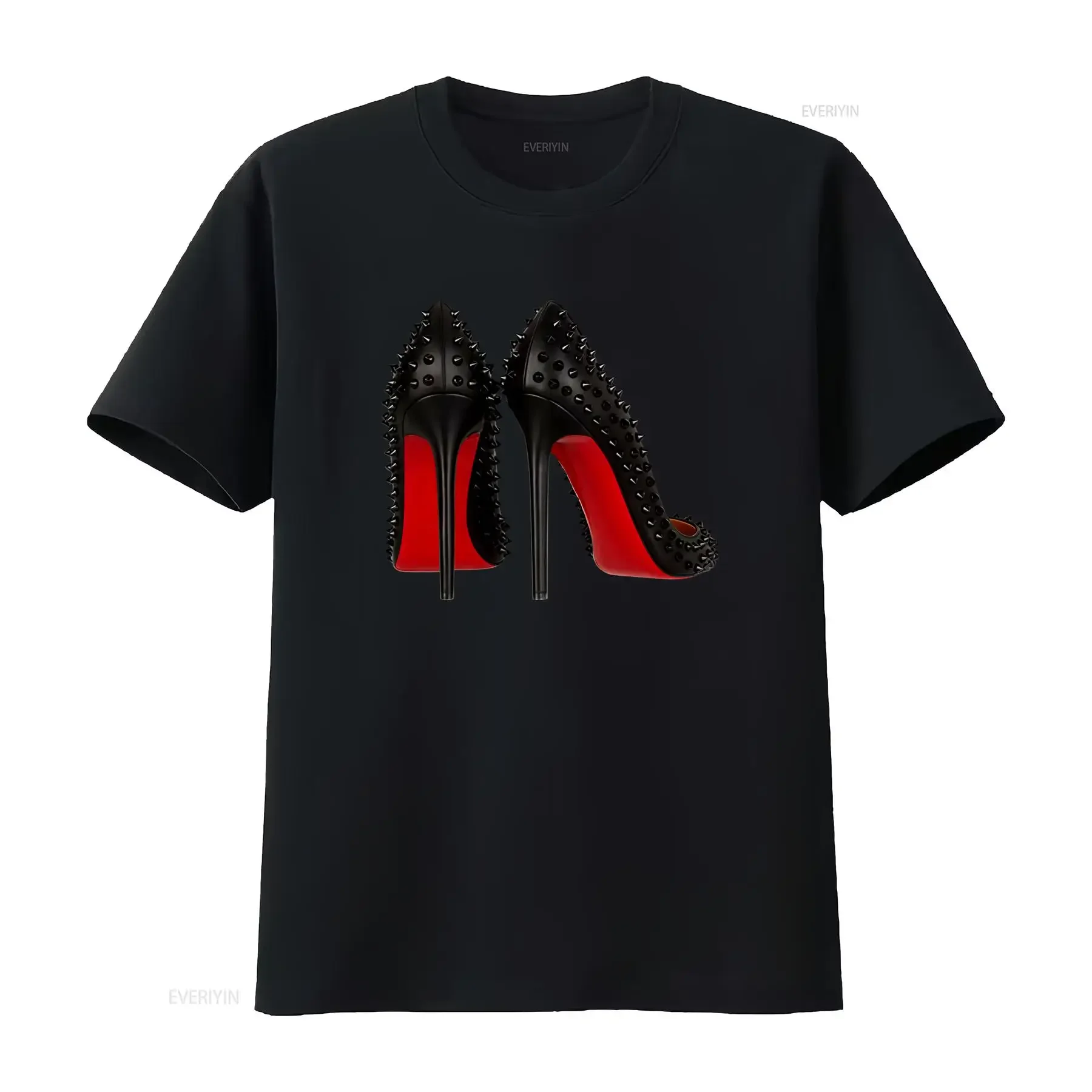 Damen T Shirt in Schwarz mit roten High Heels Freizeit Formelles Oberteil Rundhalsausschnitt nicht durchsichtig vintage Washed