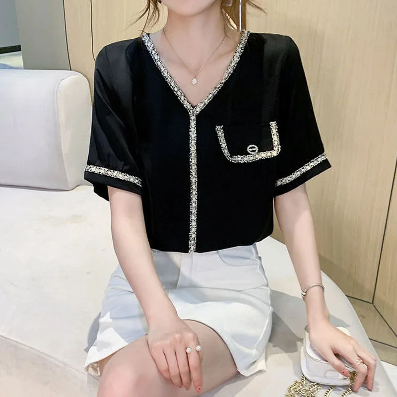 Fashion Elegant Bright Line Decoration V-Neck Short Sleeve Button Shirts Pullovers Summer Women's Clothing Solid Ladies Blouses