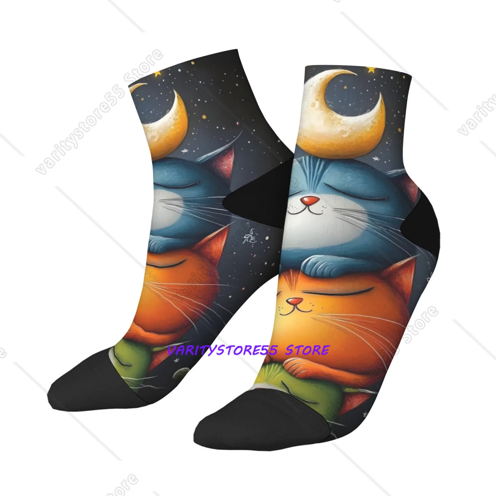 

Moon Cat Short Socks Polyester Blend Comfortable Casual Socks for Women Men Unisex Soft Breathable Lightweight Fashionable