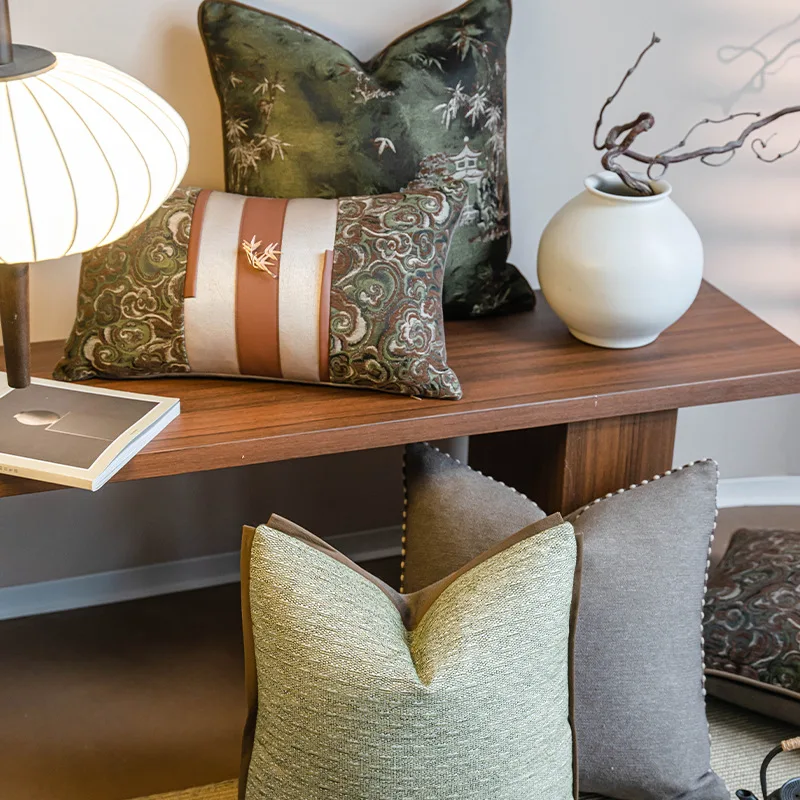 High Precision Jacquard Cushion Cover Luxury Medieval Oriental Throw Pillow Case Leather Patchwork Lumbar Pillow Cover for Sofa