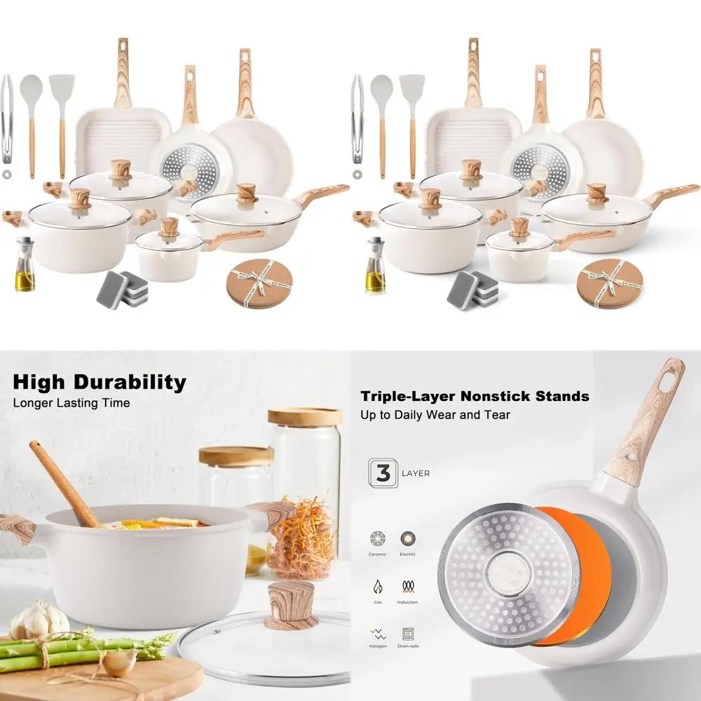 

Набор посуды из гранита с антипригарным покрытием, 20 предметов, готовый к индукции, серо-белый, набор кухонных сковородок без PFAS