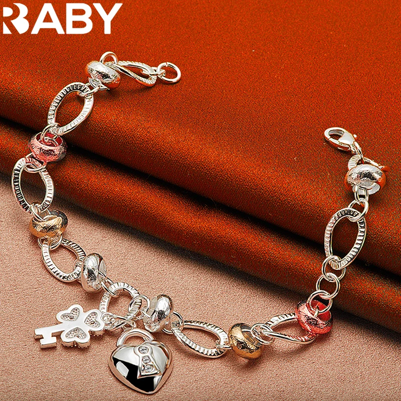 

URBABY 925 Sterling Silver Clover Key Heart Lock Bracelet For Women Wedding Engagement Party Charms Jewelry Fashion Accessories