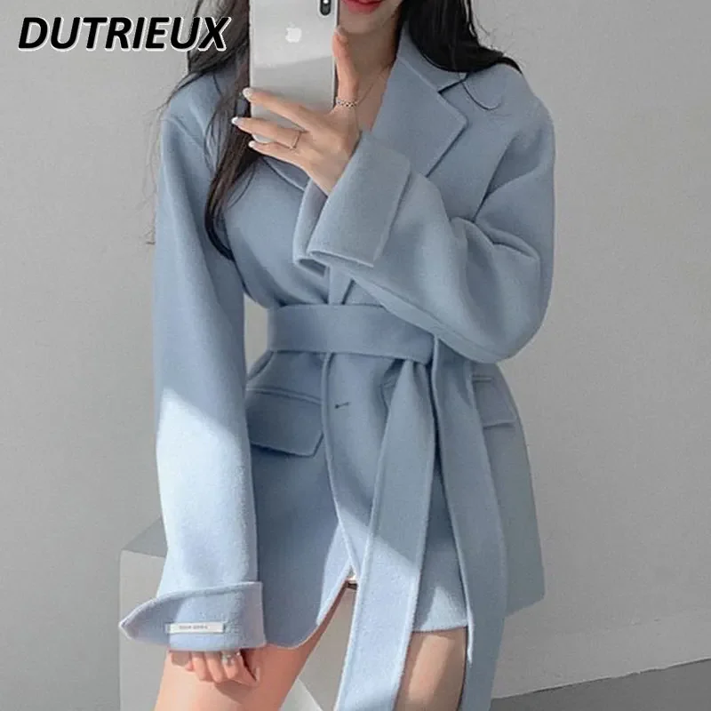 Korean Chic Autumn Temperament Blazer Collar Jacket Pocket Design Lace-up Waist Thin Long-sleeved Woolen Coat for Women