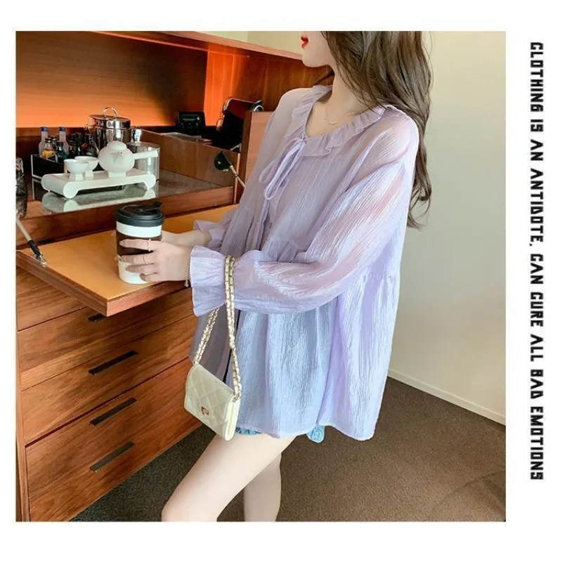 Einfarbige, dünne Sonnenschutz-Oberteile aus Chiffon für Damen, modische, vielseitige Strickjacke mit Rundhalsausschnitt und langen Ärmeln und Knopfleiste