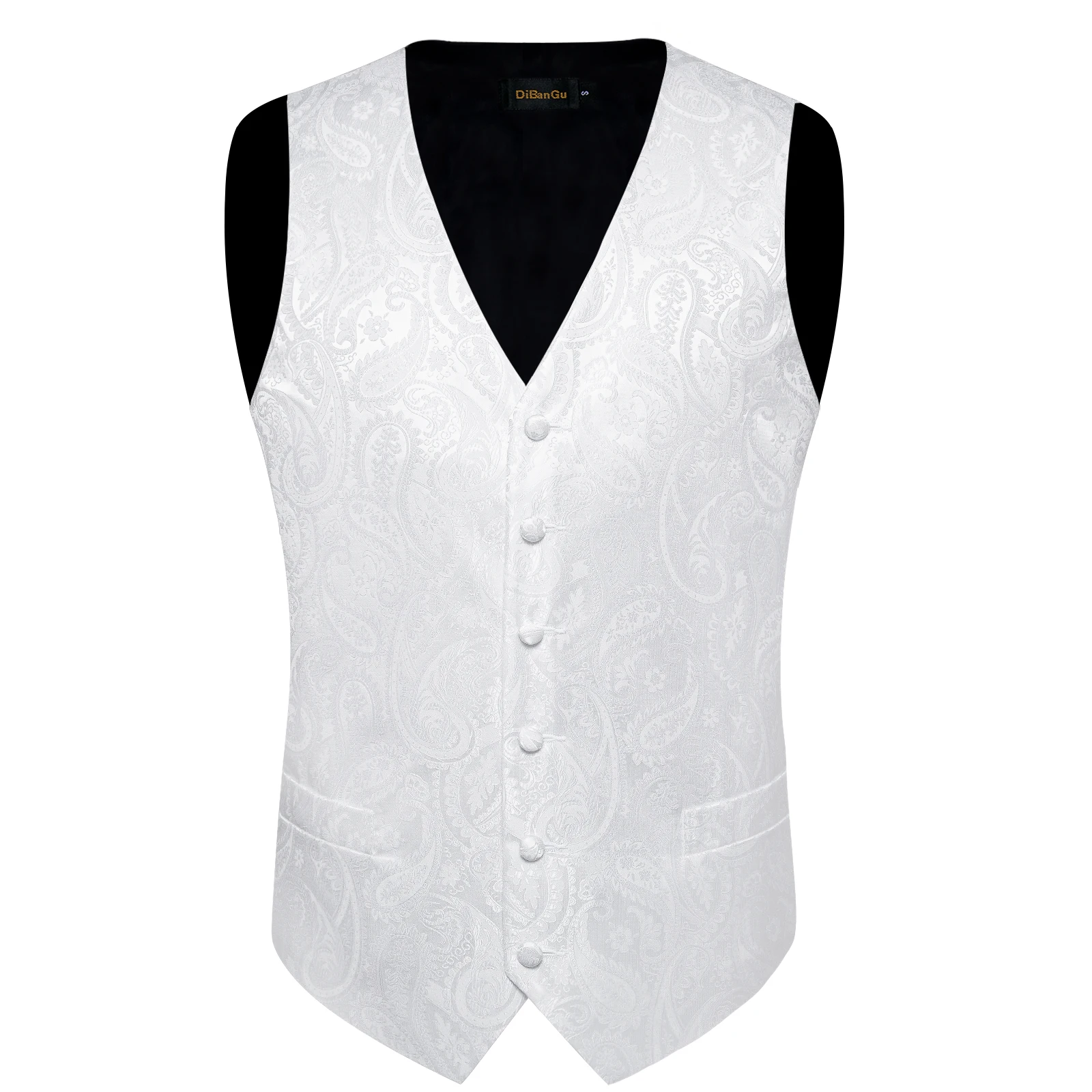 Reinweiße Hochzeitsweste für Herren, ärmellos, V-Ausschnitt, Satin, luxuriöse Herrenweste, Krawatte, Einstecktuch, Manschettenknöpfe, Clip, 5-teiliges Set, Geschenk – Detail 13