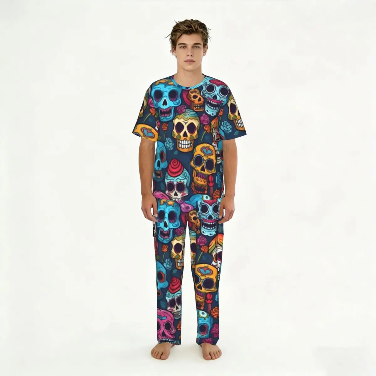 

Мужские повседневные пижамные комплекты с короткими рукавами и брюками, мужская одежда для сна с принтом черепов и цветов, домашняя одежда с принтом на тему Дня мертвых