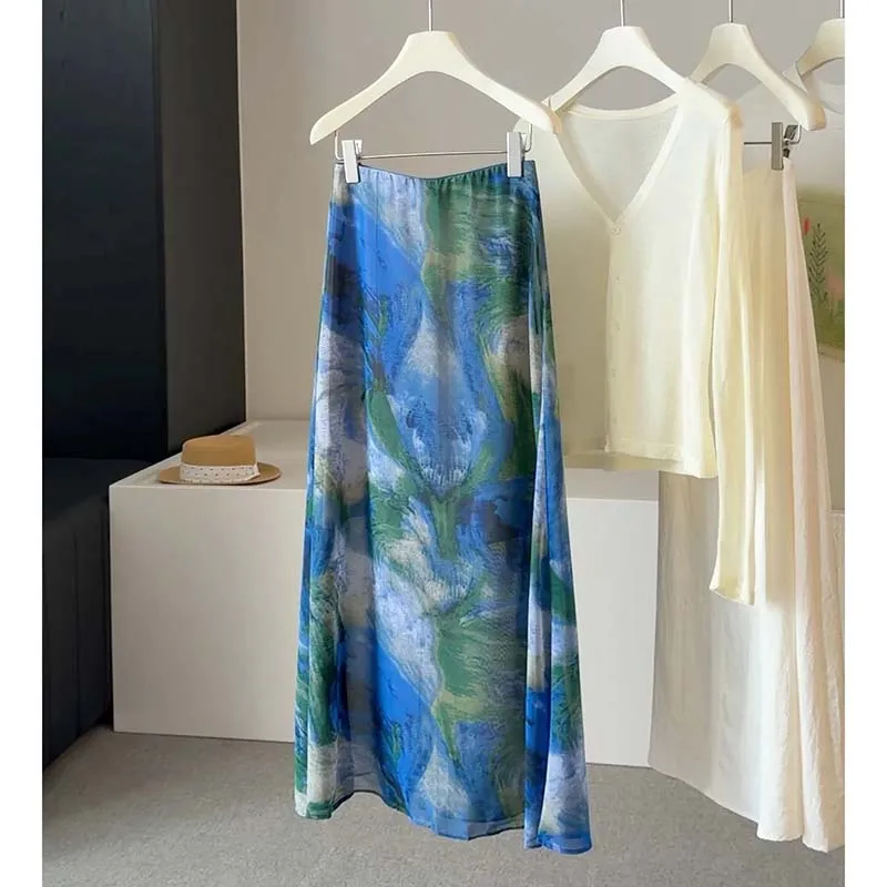 

Women Art Print Maxi Skirt Chiffon Flowy High Waist Casual Lightweight A-line Skirt Summer Beach Bohemian Elegant Lady Skirts