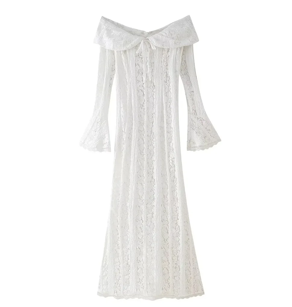 Abito lungo vintage con spalle scoperte in pizzo floreale scavato Moda donna Abiti slim a maniche lunghe svasati 2025 Elegante abito da festa da donna