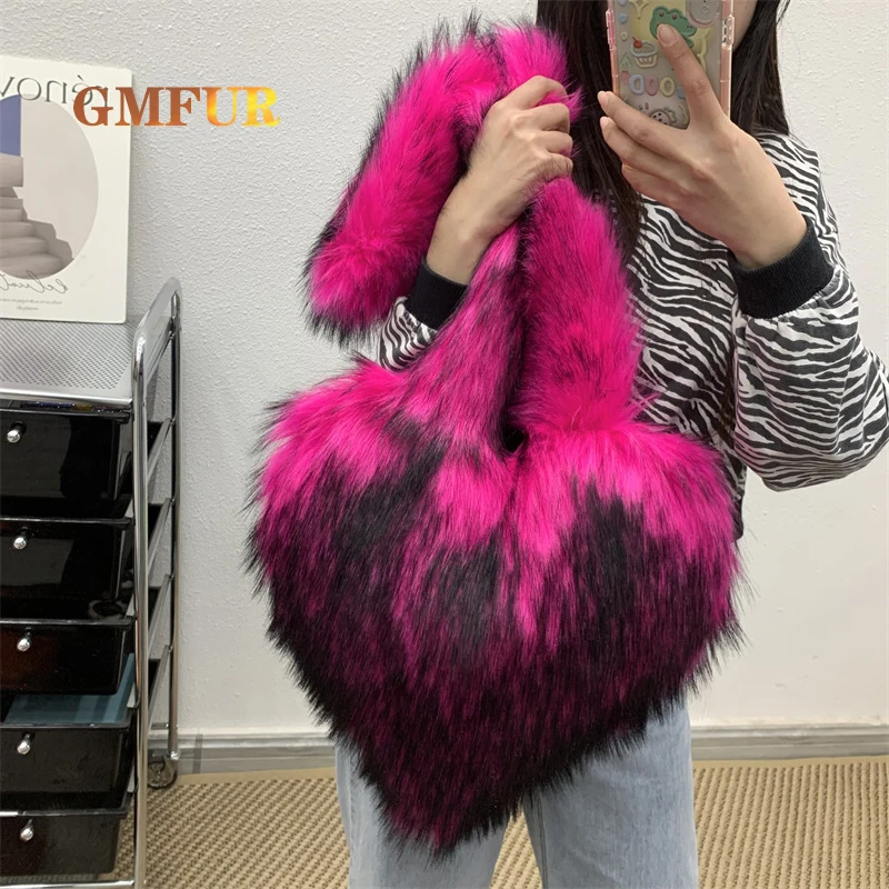 

Faux Fur Handbags Women Winter Luxury Cute Fluffy Plush Love Soft Shoulder Bag Overlarge Designer Shopper Tote Lady