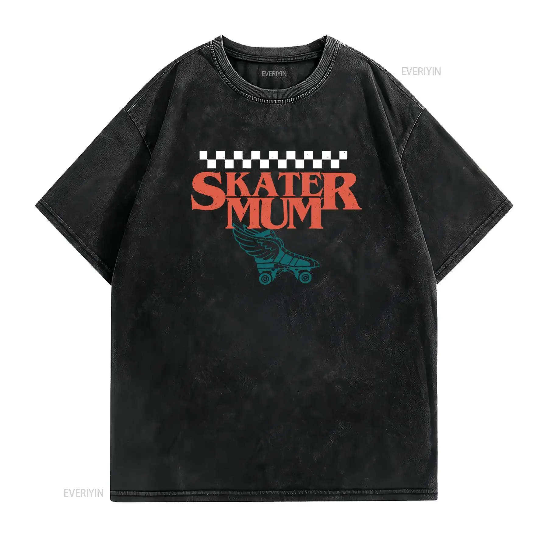 Retro Streetwear Skater Mum Winged Roller Skate Checkerboard Print Casual T Shirt vintage Washed Comfortable Versatile graphic