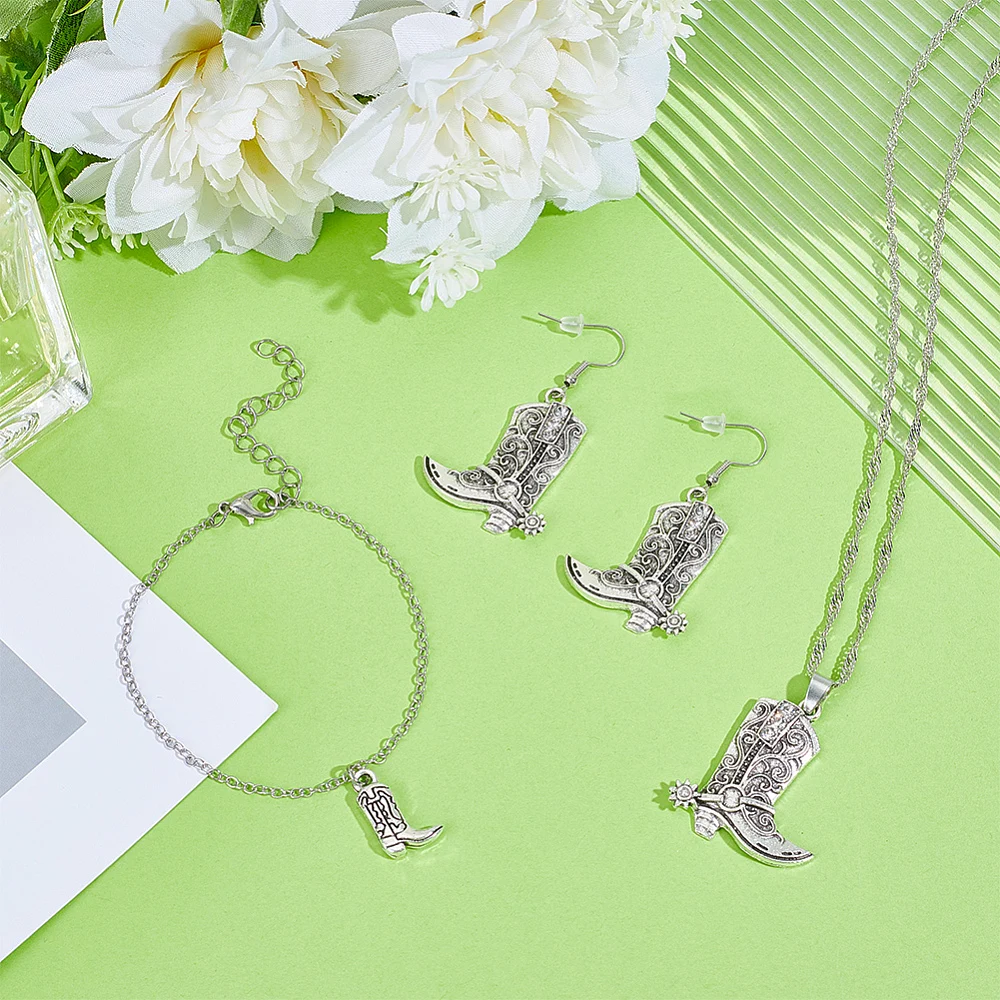 Western Cowboy Boots Hats Earrings Necklaces Jewelry Set Sparkly Rhinestone Tassels Cowgirl Earrings Boots Hats with Pendants