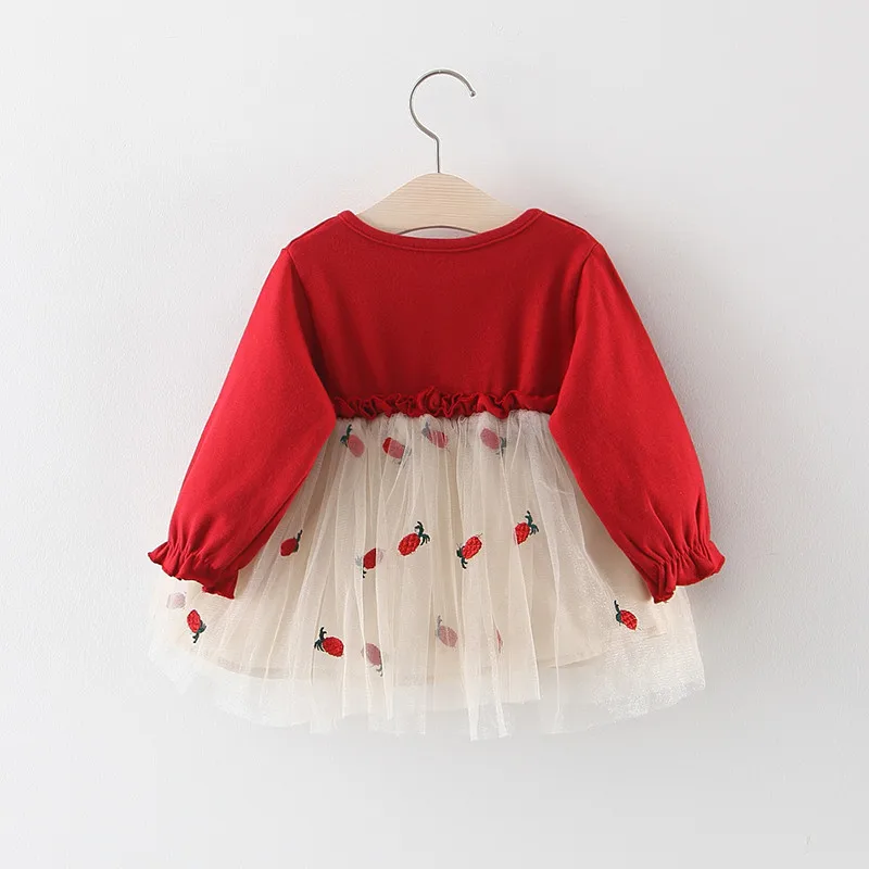 Autumn Red Girls' Dress Baby Solid Long Sleeved Cartoon Fruit Embroidered Dresses Fashion Splicing Round Neck Princess Dress