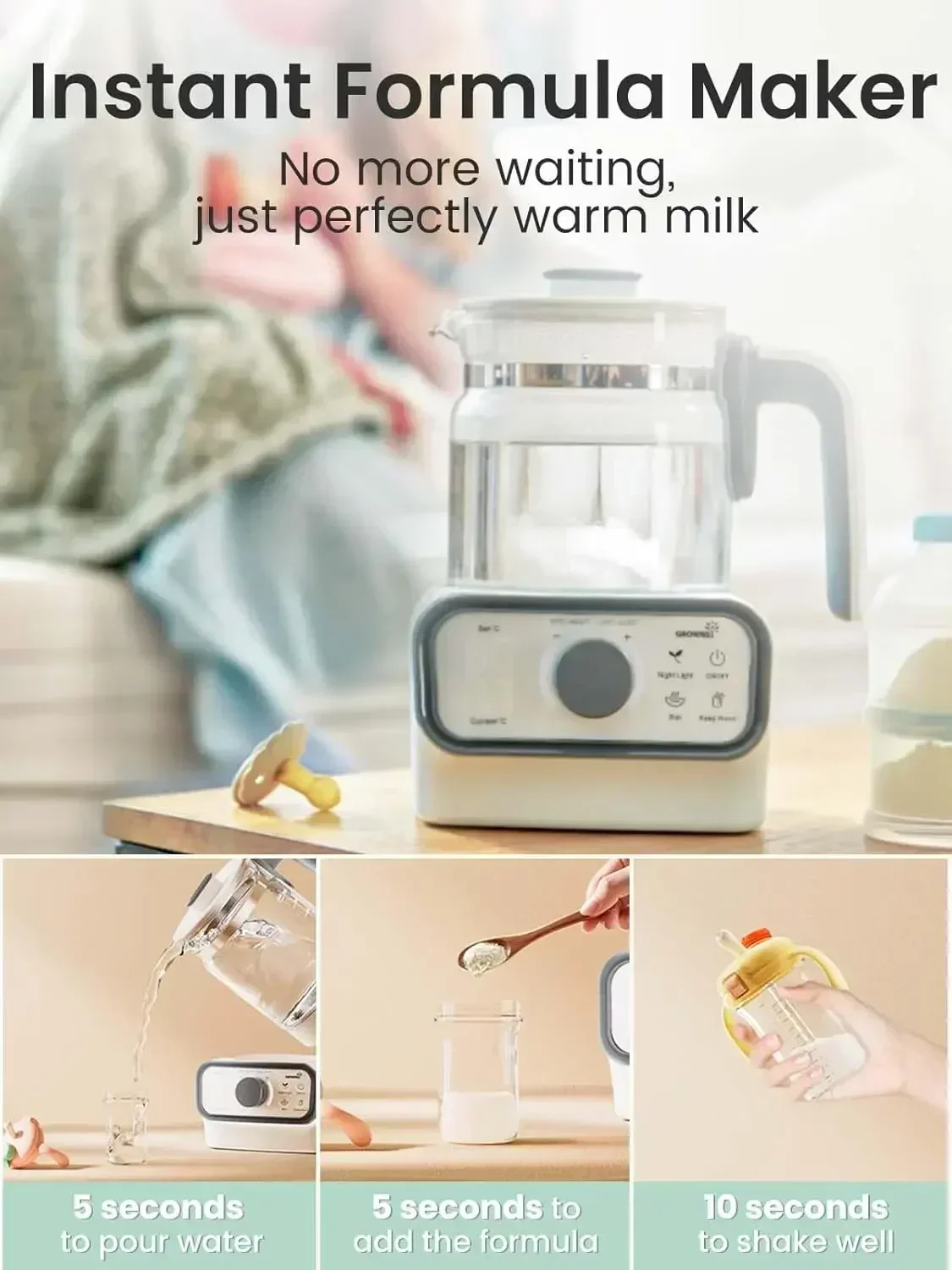 GROWNSY Baby Instant Warmer, Glass Water Boiler with Accurate Temperature Control for Formula, Coffee and Tea, 1.3 Liter Electri