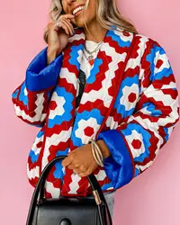 Flower Print Fashion Winter Coat 2024 New Casual Quilted Cotton Jacket Retro Turn Down Collar Loose Streetwear Autumn Outwear