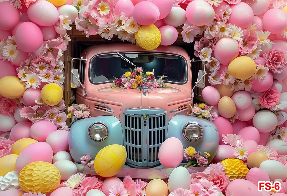 Spring Easter Photography Backdrop Blue Truck Colorful Eggs Flowers Rabbit Background Tulip Floral Forest Photo Tapestry Booth