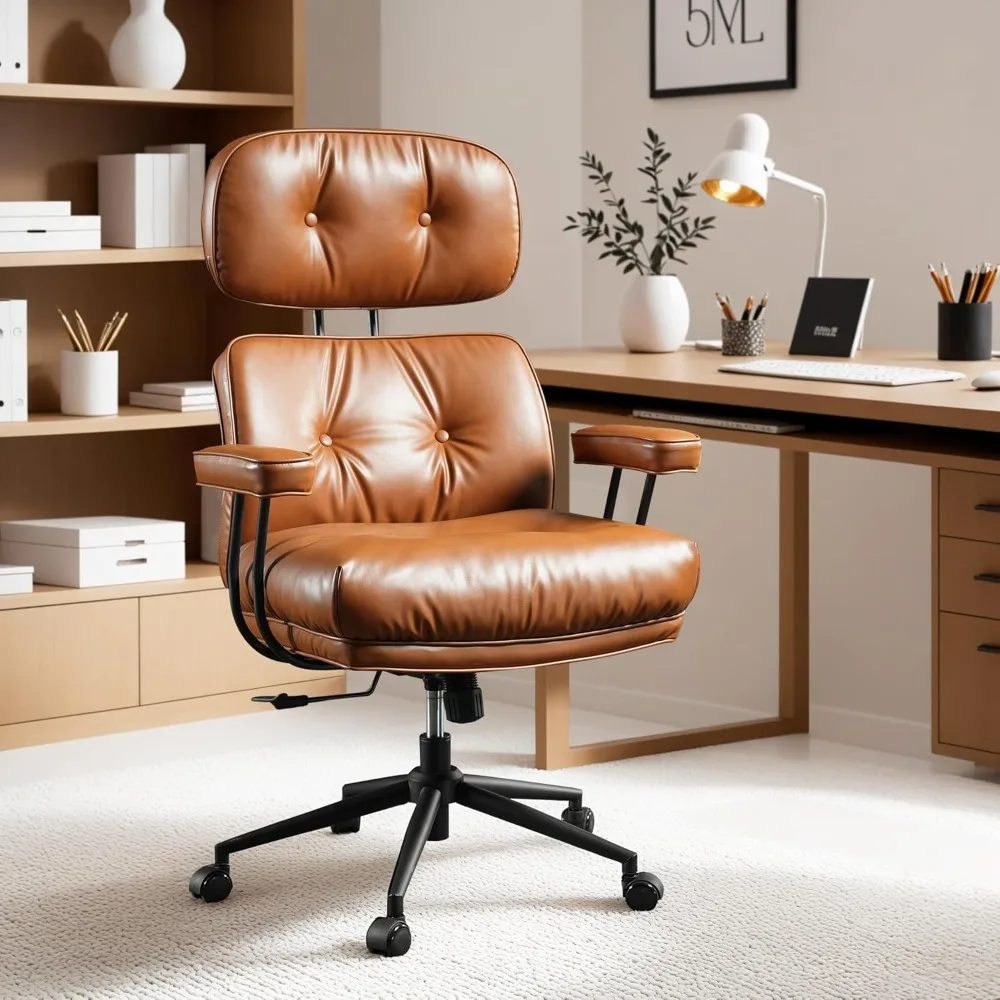 Home Office Chair, Mid-Century Modern Leather Chair with Lumbar Support, High Back Swivel Rolling Executive Chair with Comfy