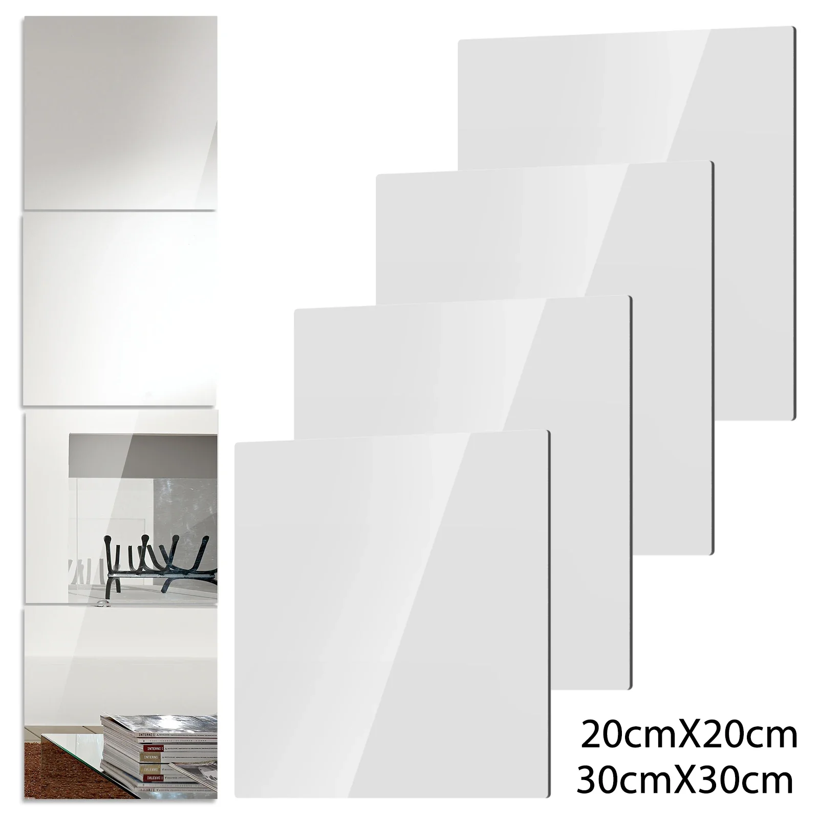 4Pcs Acrylic Mirrors Set Self Adhesive Mirror Tiles 2mm Thick Flexible Unbreakable Mirror Stickers Reflective Square Mirror Wall