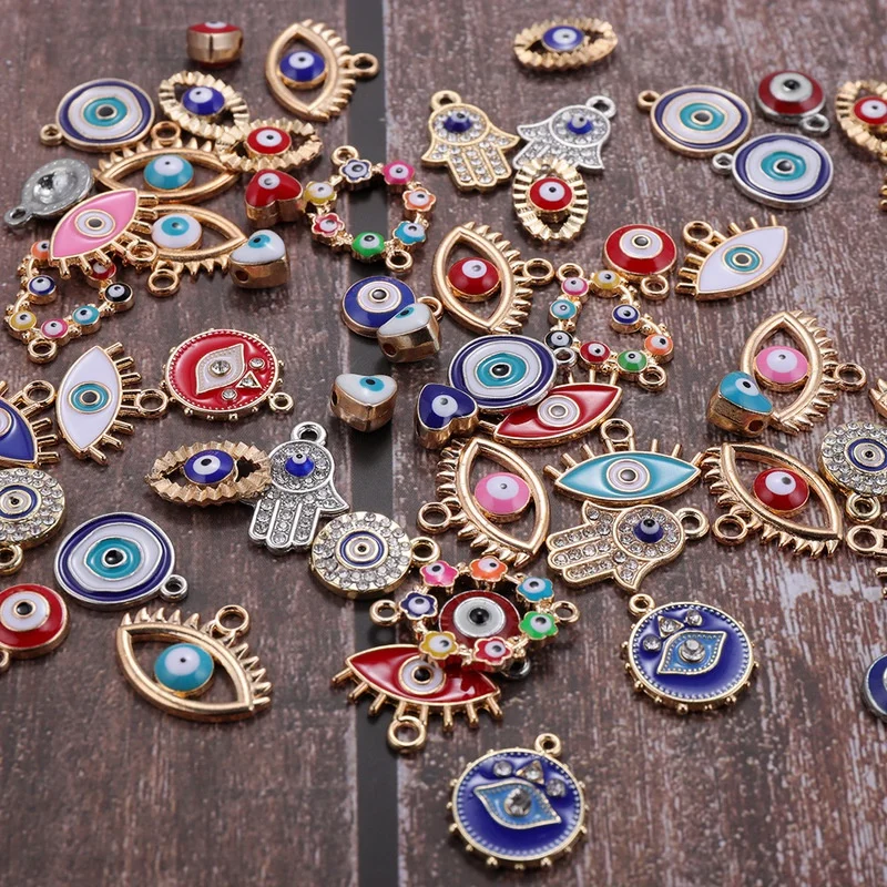 30pcs Mix Alloy Colored Enamel Rhinestone Diamond Evil Eye Charms Jewelry Connectors for DIY Bracelet Necklace Jewery Making