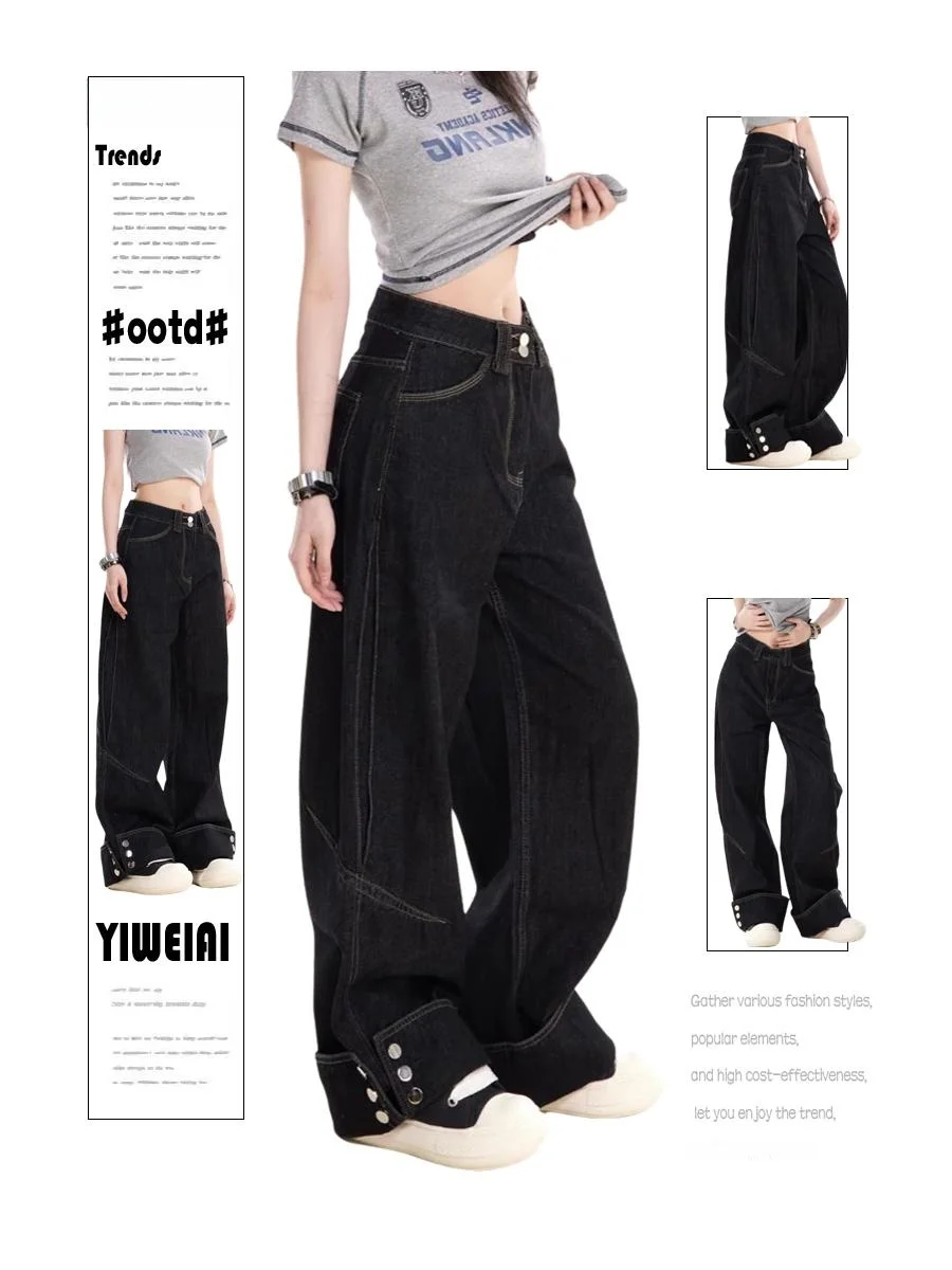 

Plus Size Loose Fit Wide Leg Denim Jeans Women's Casual Sle Low Waist Button Detail Roabilly Streetwear Trousers for All Body...