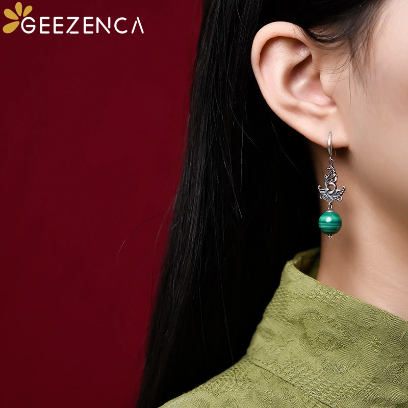 أقراط أذن من GEEZENCA مصنوعة من الفضة الإسترليني عيار 925 على شكل ملكيت طبيعي من الفضة الإسترليني عيار 2023 أقراط أذن عصرية عصرية من طائر الفينيق أقراط أذن متدلية هدية رائعة