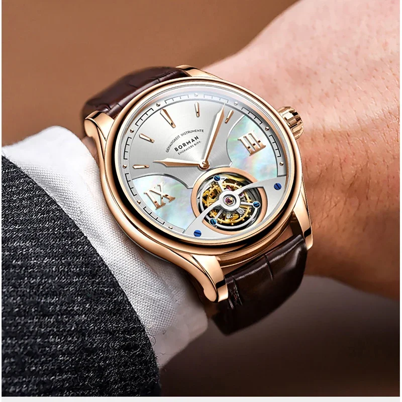 

2025 BORMAN BM38886 Часы 42 Роскошные мужские часы Seagull ST8000 Tourbillon Автоматические механические мужские часы с сапфировым стеклом 50 м Водонепроницаемые