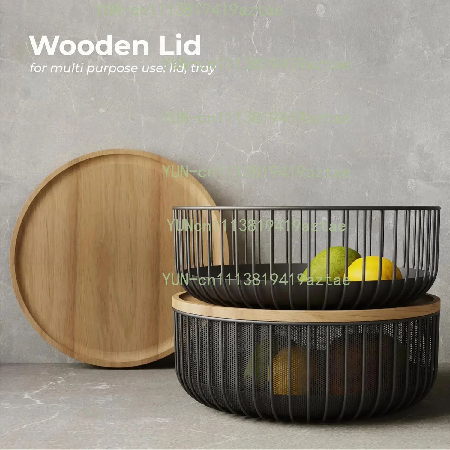 Metal Wire Mesh Fruit Basket with Wooden Lid Fly-Proof Design for Indoor Storage Black
