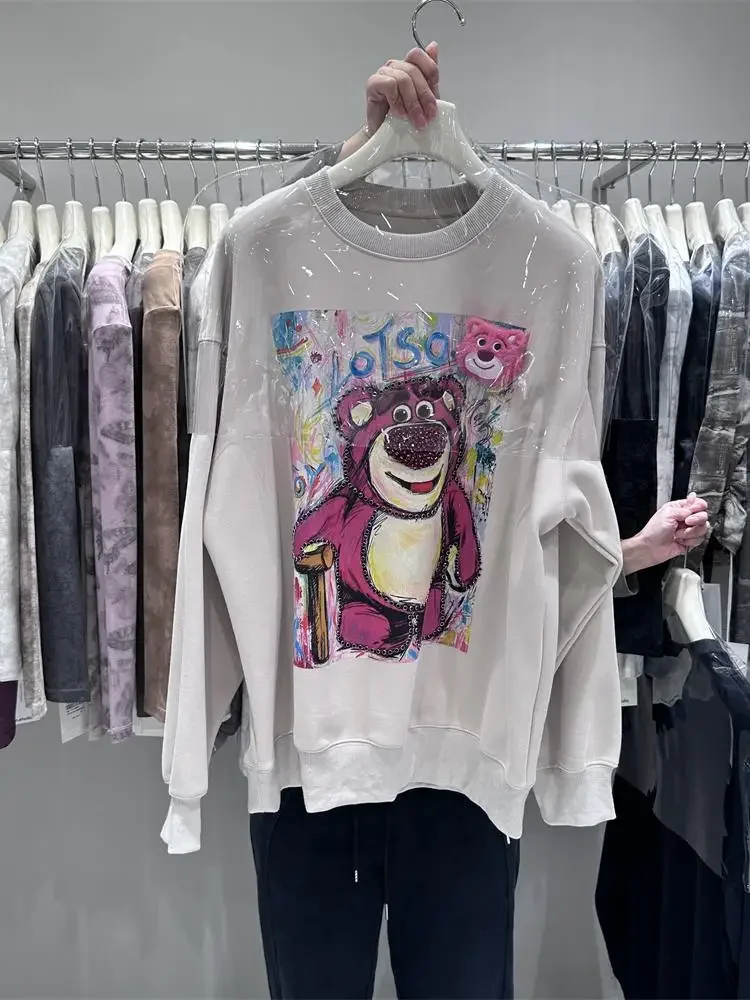 Heavy Industry Rhinestone Cartoon Bear Hoodies Women 2024 Autumn New Casual Loose Round Neck Long-sleeved Sweatshirt Tops