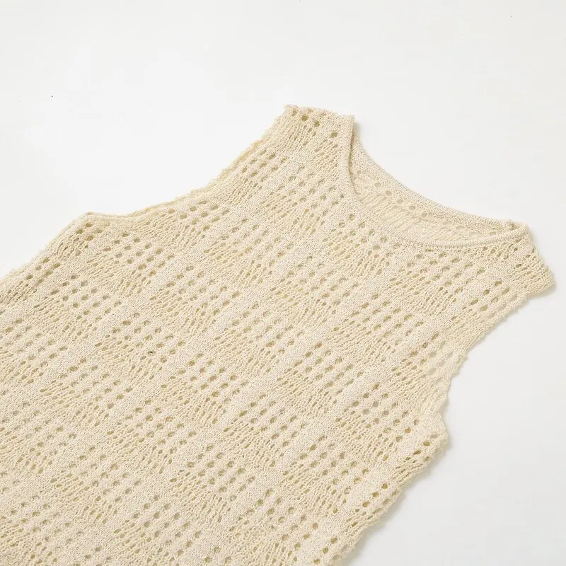 2025년 여름 신상 여성 니트 민소매 라운드넥 자수 메쉬 탑 다용도 출퇴근룩 레귤러 기장 A라인