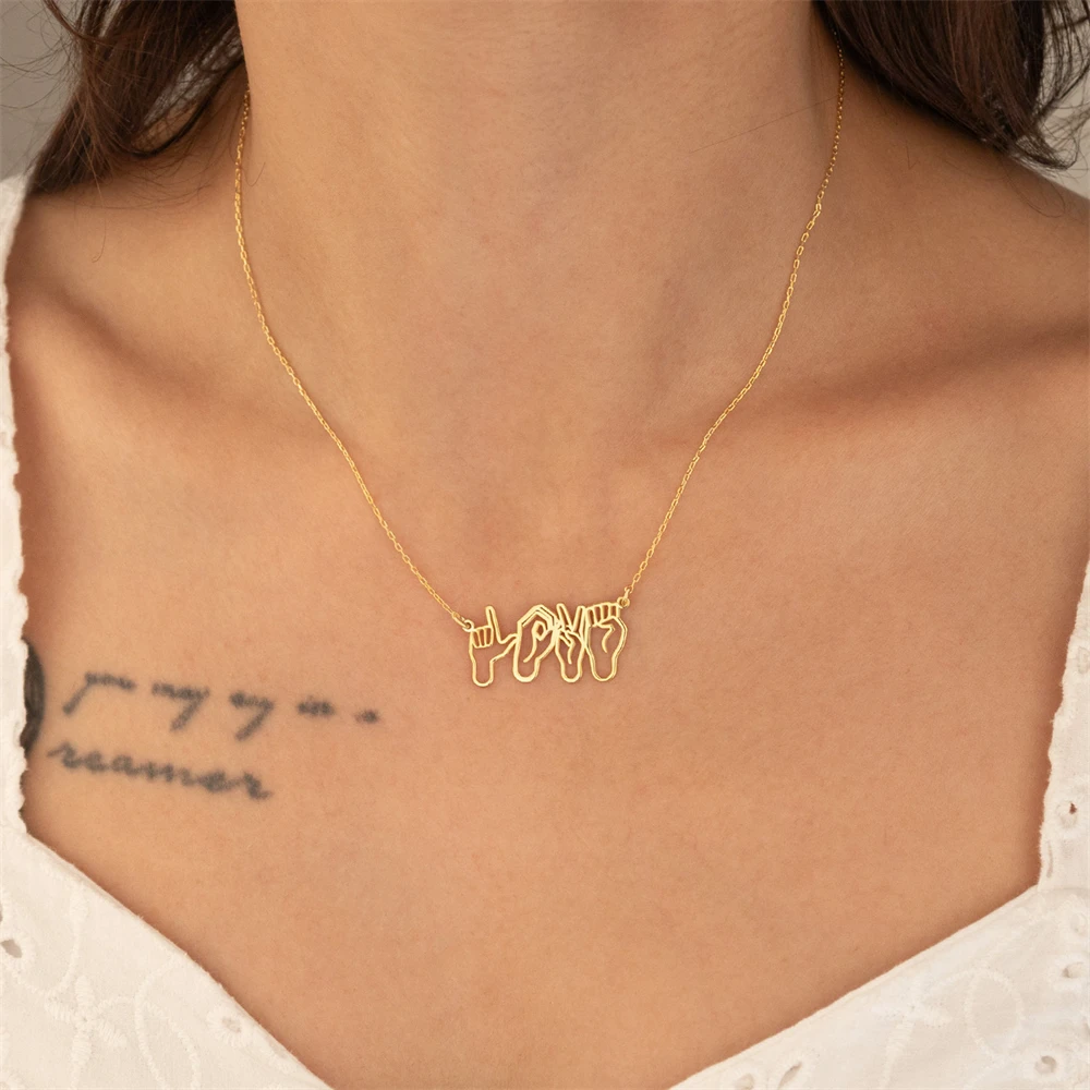 ASL اسم قلادة مخصصة لغة الإشارة القلائد للنساء هدية عيد الأم شخصية الصداقة مجوهرات اليد لفتة المختنق #3