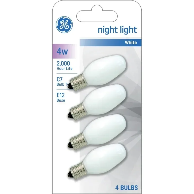 GE Incandescent Night Light Bulbs, 4 Watts, C7 Bulbs, Small Base, Frosted Finish, 4pk