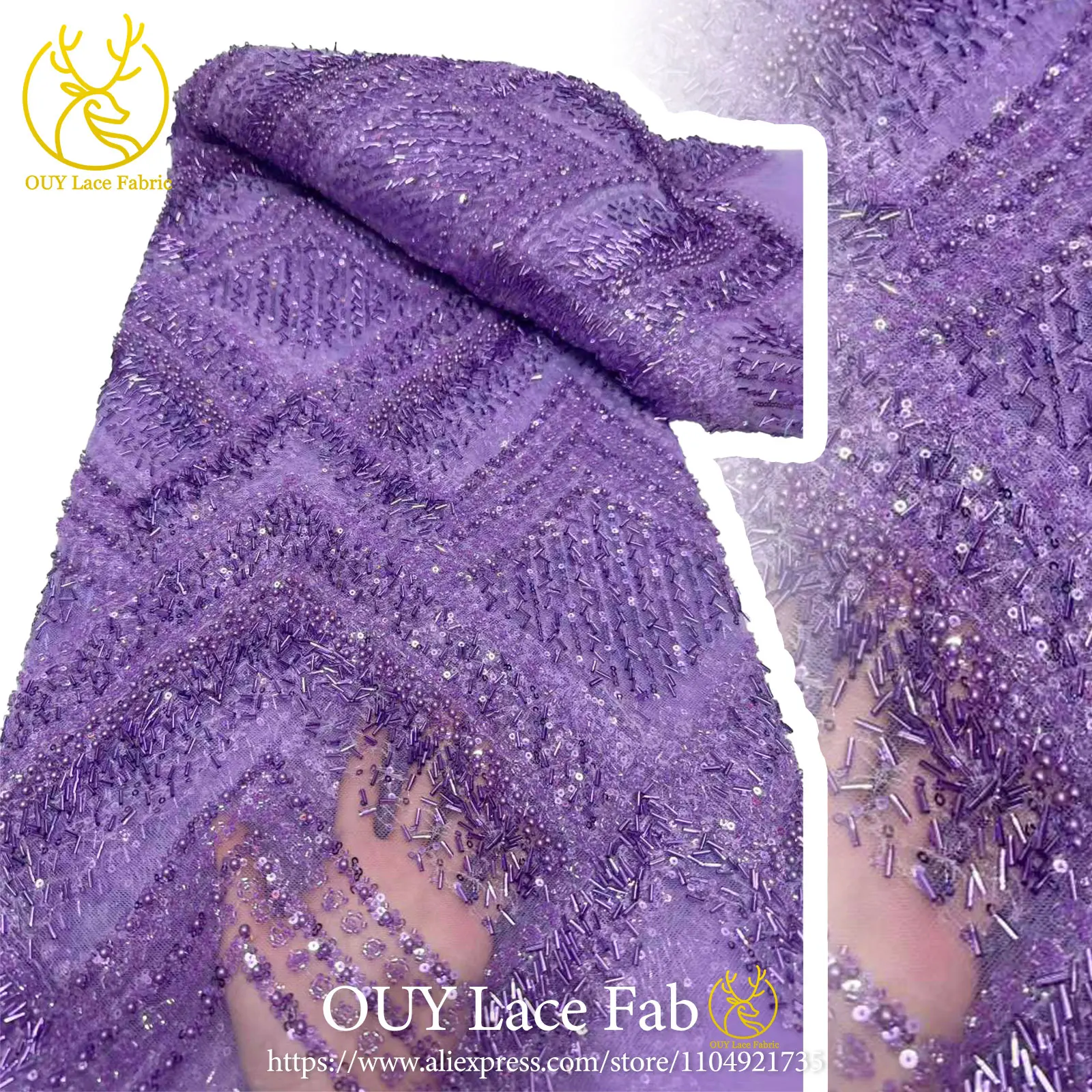 Paarse Afrikaanse kralen kant stof 2026 Nieuwste Franse pailletten kant stof Nigeriaanse mesh kant stof trouwjurk & avondjurk