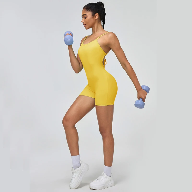 طقم يوجا للياقة البدنية من قطعة واحدة للسيدات بلون واحد ملابس رياضية قصيرة للصالة الرياضية قابلة للتنفس سريعة الجفاف بدلة للجري ملابس نسائية للتمرين #3