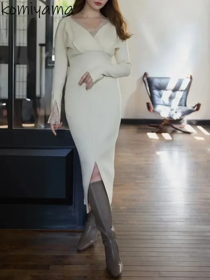 

Split Knit Women 2024 Dresses Lace Patchwork Vestidos Sexy V-neck Long Sleeve Vestido Autumn Winter Dress Elegant Clothing