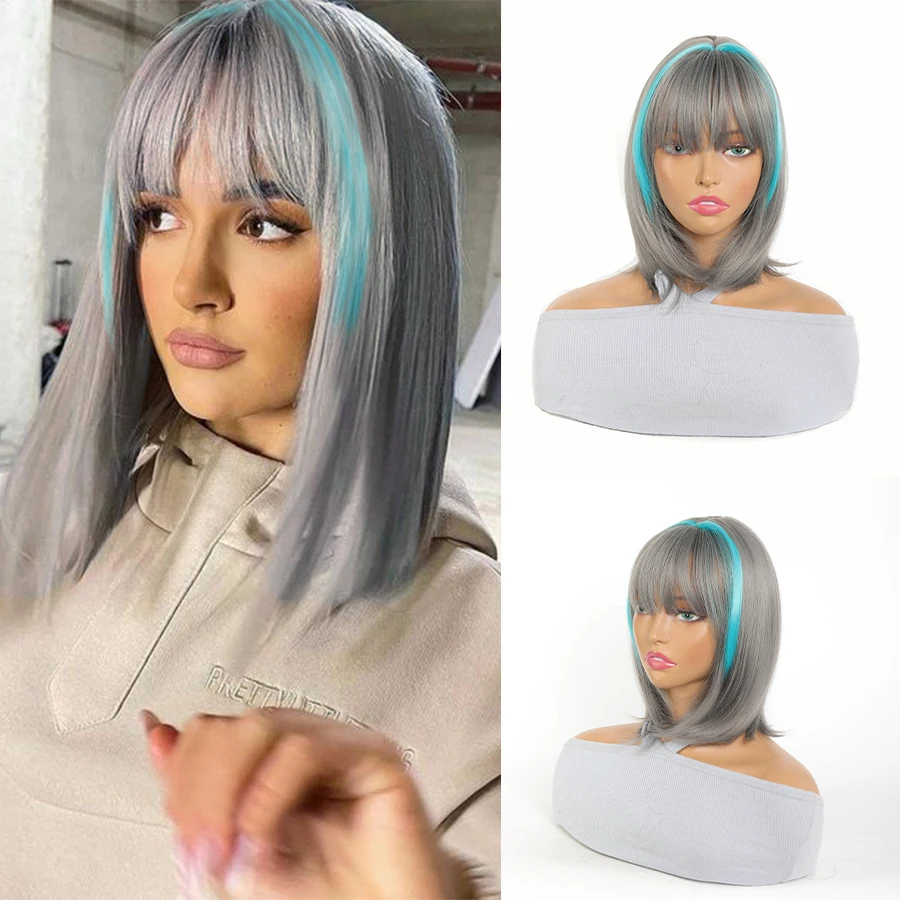 

Grey Synthetic Natural Hair Wig With Highlights With Fluffy Bangs For Women Short Straight Wigs Heat Resistant Daily Cosplay Wig