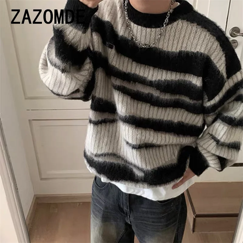 

ZAZOMDE American Street Retro Striped Knitted Sweater For Men And Women Autumn Winter Couple Trend Loose Round Neck Pullover