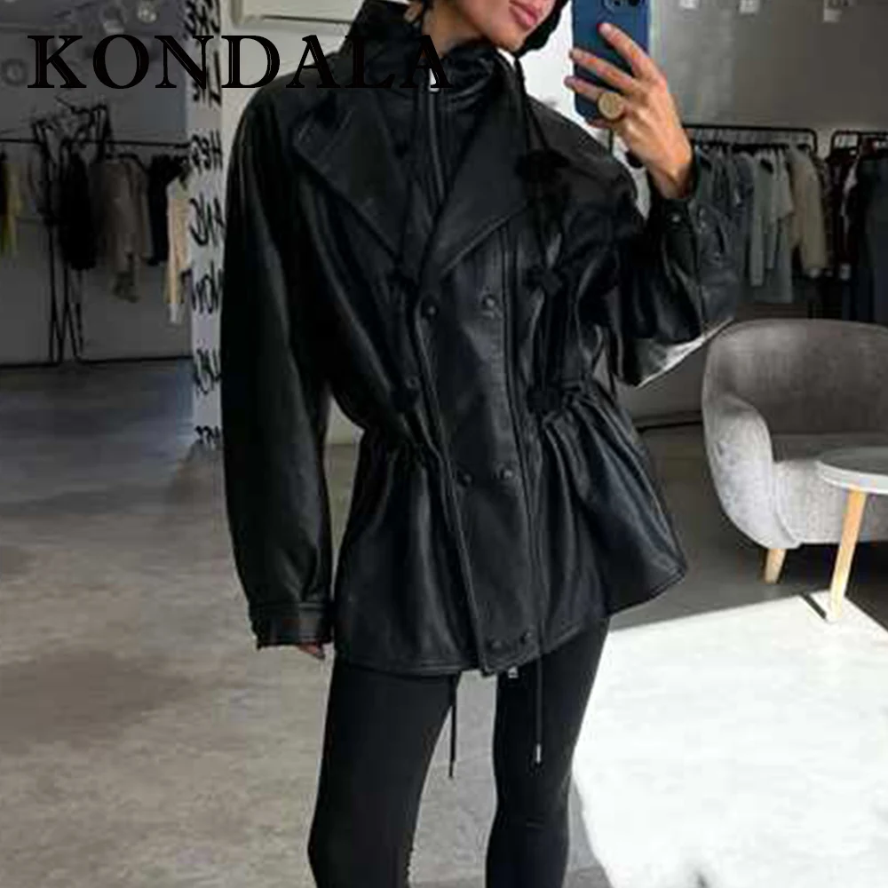 سترة KONDALA النسائية الكلاسيكية المصنوعة من مادة البولي يوريثان باللون الأسود الصلب موضة 2025 ملابس خارجية مزدوجة الصدر معطف طويل للسيدات في الشارع #4