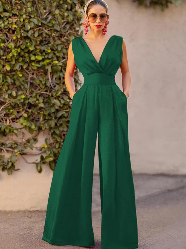 D​rauuing Sleeveless Jumpsuit Women V-Neck Off Shoulder Casual Playsuit Women Hight Waist Casual Elegant Jumpsuit Solid