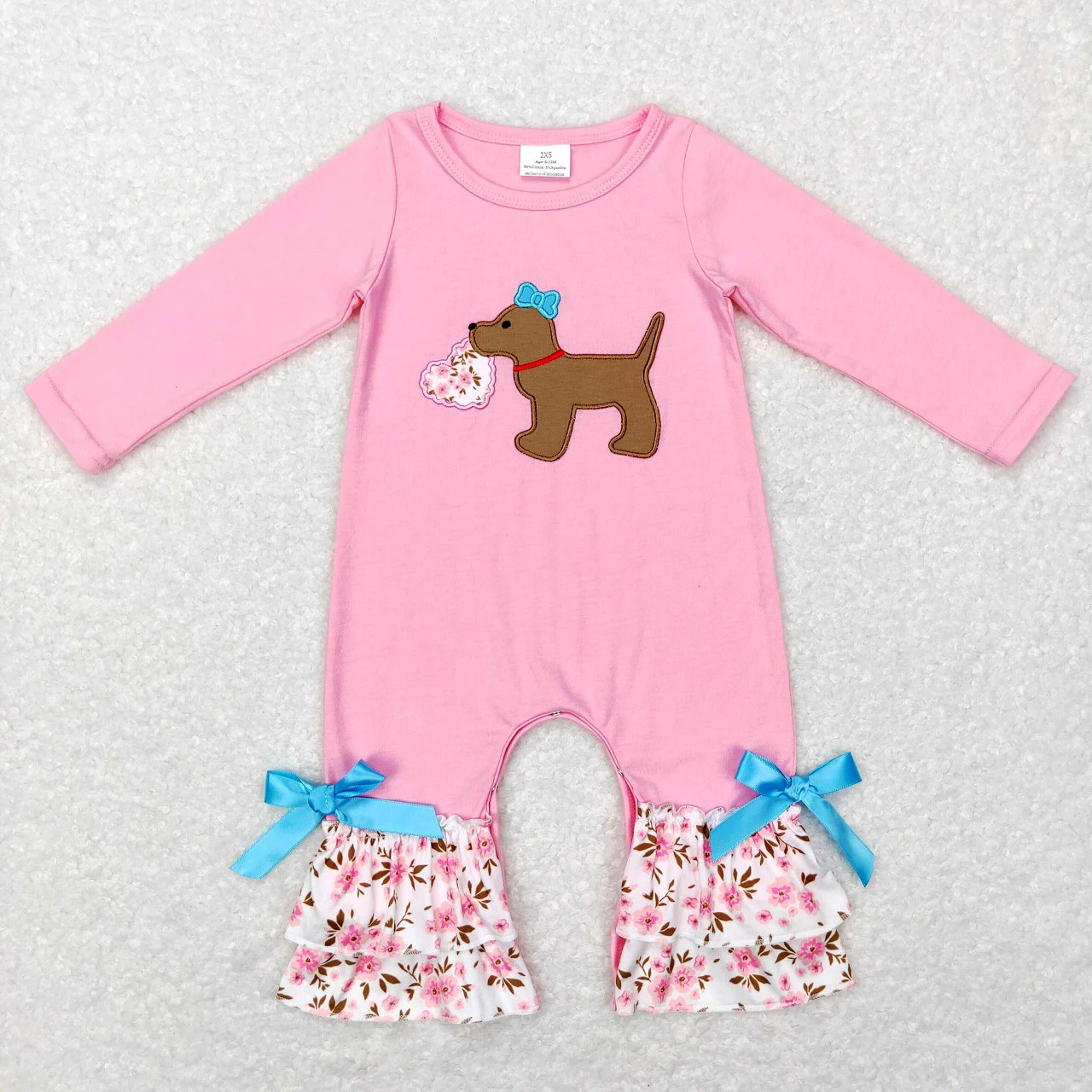 Wholesale Newborn Infant Embroidery Dog Children Jumpsuit Kids Baby Girl Pink Long Sleeves Toddler Valentine's Day Floral Romper