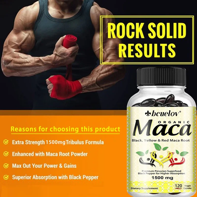 Organic Maca Root 120 Capsules - Black, Yellow and Red Maca Root Gelatinized 100% Natural Non-GMO Helps Endurance, Energy, Mood