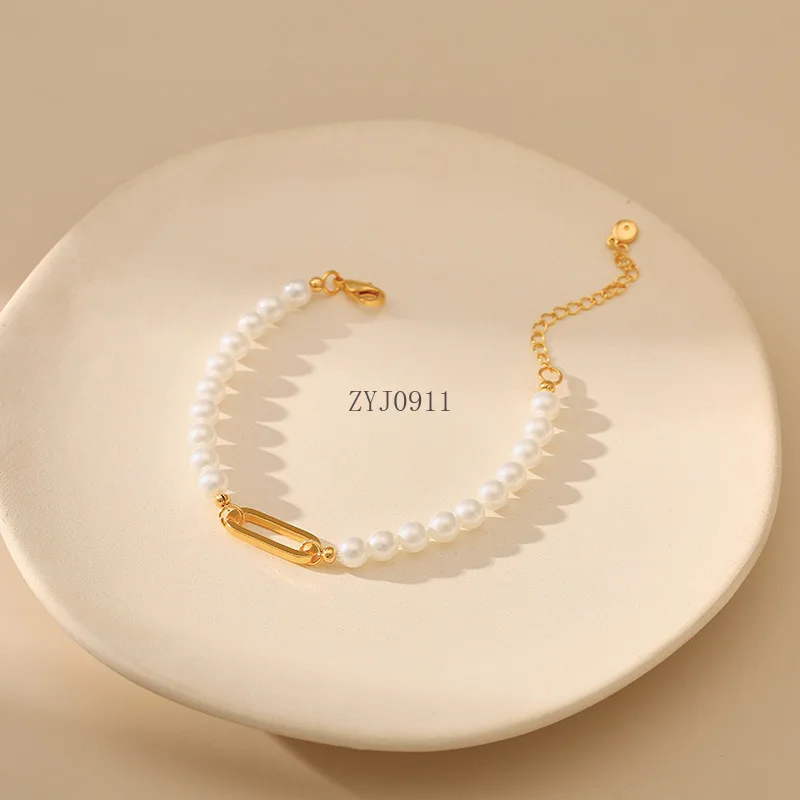*White Round Pearl Women Bracelet 18k Gold Plated Paper Clip Chain Fashion Wedding Party Jewelry Gift Day Wear Hand Accessories